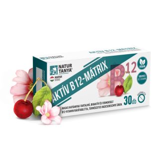   Natúr Tanya AKTÍV B12-MÁTRIX - Magas hatóanyag-tartalmú, fermentált és bioaktív B12-vitamin rágótabletta, természetes vadcseresznye ízben. 500 mcg baktérium fermentációval készült adenozilkobalamin és 500 mcg bioaktív metilkobalamin